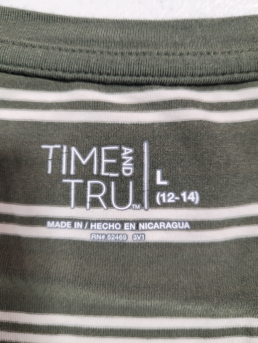 Time and Tru Olive Green and White Striped V-Neck Short Sleeve Tee - Picture 2 of 3